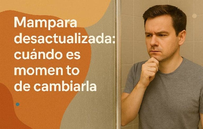 Hombre pensativo observa una mampara de baño antigua con cristales opacos y marco desgastado, valorando si debe reemplazarla. A la izquierda, sobre fondo de formas curvas en tonos cálidos, aparece el texto: “Mampara desactualizada: cuándo es momento de cambiarla”. La escena destaca visualmente el deterioro de la mampara como foco central.