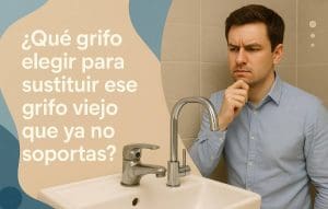 Hombre pensativo frente a un lavabo observa dos grifos contrastantes: uno viejo y deteriorado, otro moderno y brillante. A la izquierda, el título “¿Qué grifo elegir para sustituir ese grifo viejo que ya no soportas?” aparece en tipografía clara sobre un fondo beige con formas curvas azuladas, destacando el dilema de renovación en el baño.