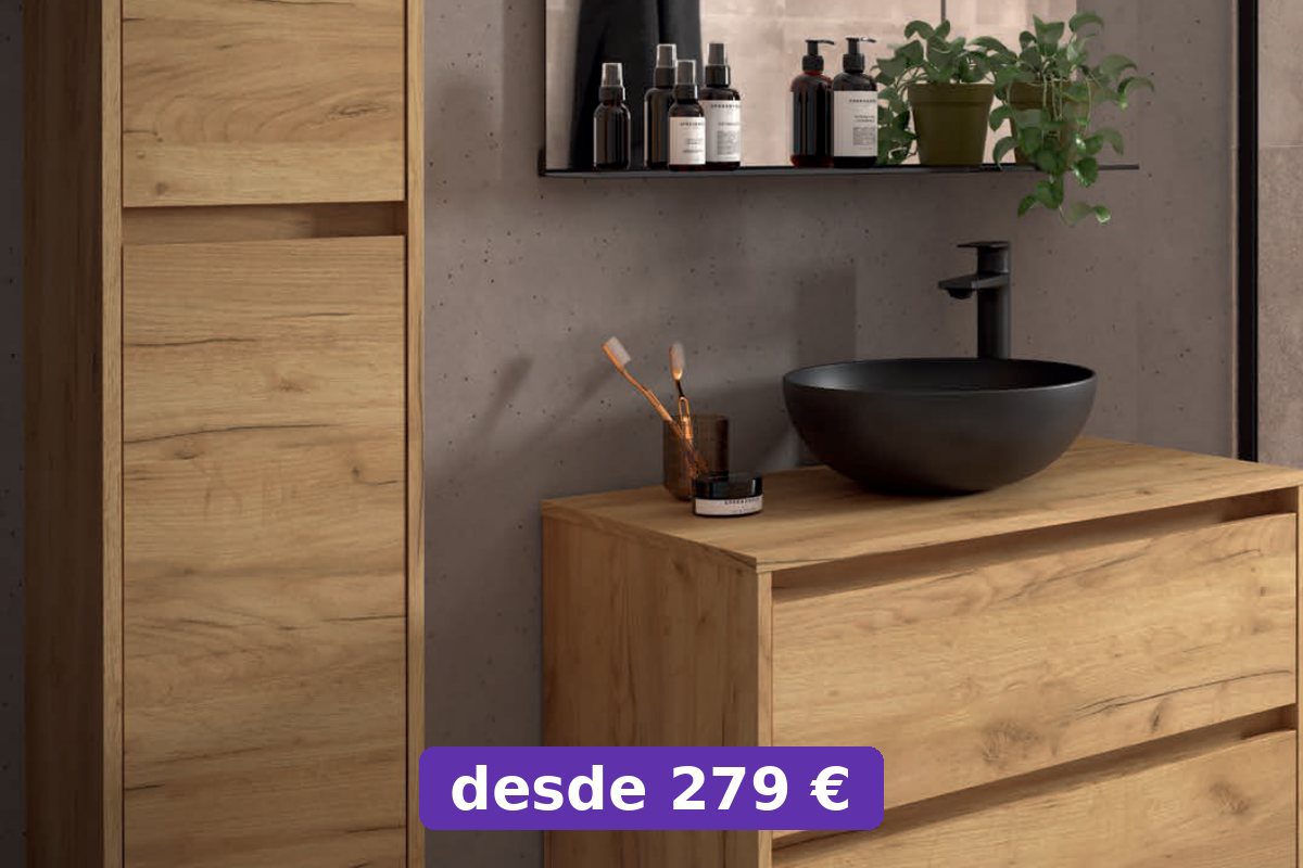 Mueble de baño con patas, columna auxiliar y lavabo de sobreponer