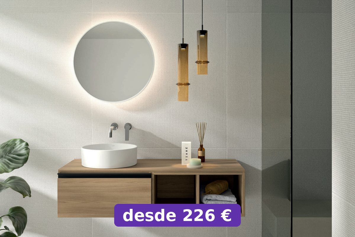 Mueble de baño suspendido de 60 cm con lavabo y espejo con luz