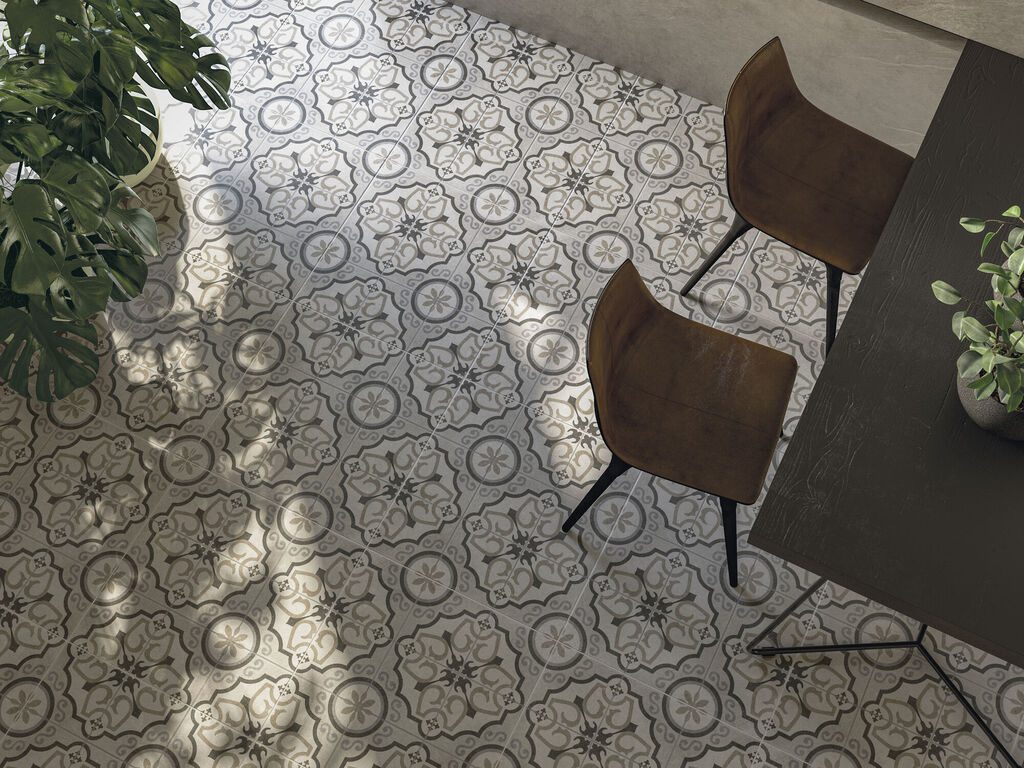Suelo con baldosa hidráulica en porcelánico Kamari Pisa 60x60 de Cifre Cerámica