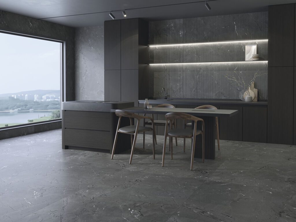 Cocina con porcelánico efecto mármol negro Renoir de Cifre Cerámica