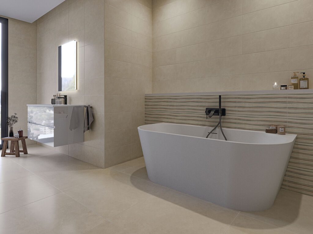 Baño con revestimiento porcelánico Alure Ivory de Cifre Cerámica